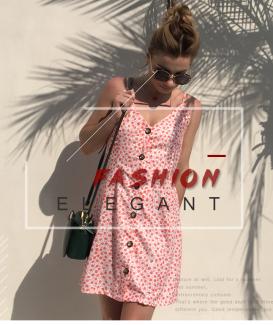 Single-breasted button print suspender dress with backless straps and bow holiday A-line beach dress