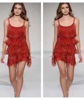 Summer High End Fringe Short Pencil Dress Solid Color Sexy Club Spaghetti Straps Sleeveless High Waisted Dress